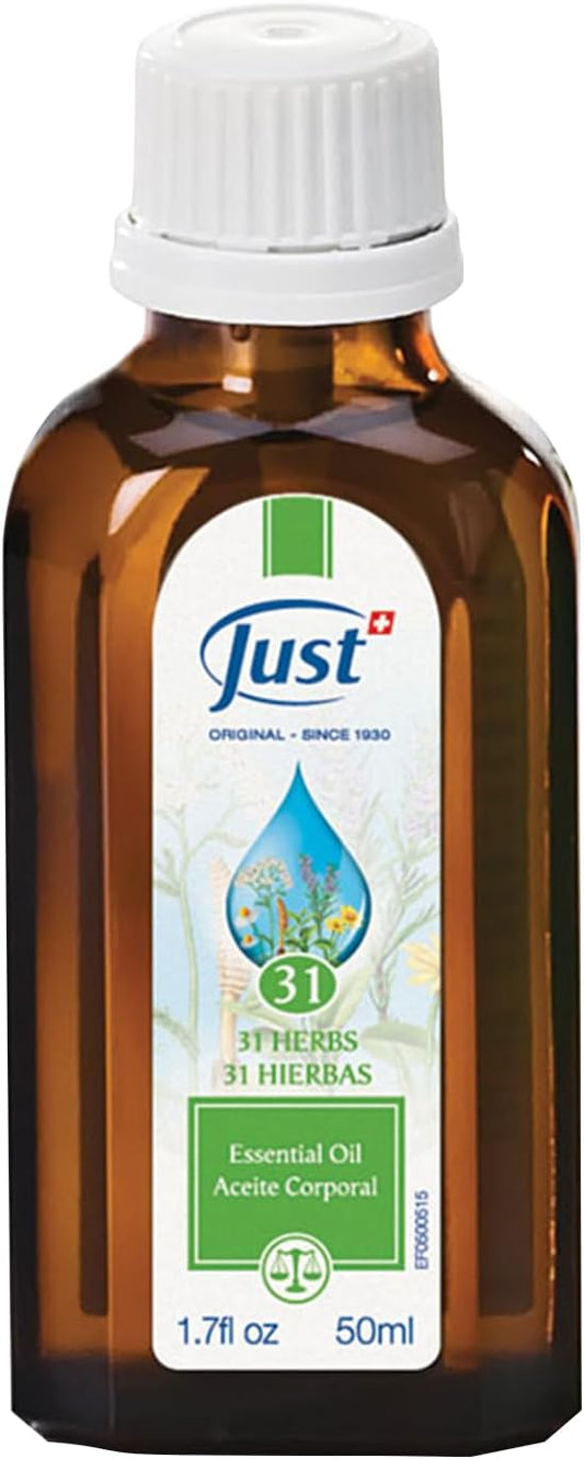 Essential Oil for The Whole Family. Swiss Just 31 Herbal Oil, Massage Oil for Muscle Soreness & Joint Pain. Contains Natural Eucalyptus Oil, 50ml.