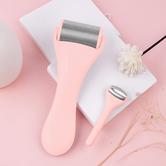 Ice Roller for Face and Eye 2 Pcs,Face Roller Skin Care for Puffiness,Migraine,Pain Relief,Eye Roller For Puffy Eyes Dark Circles,Stainless Steel Facial Roller (Pink)
