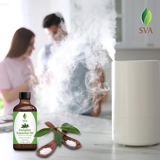 SVA Camphor Essential Oil – 4 Fl Oz – 100% Natural Camphor Oil - for Diffuser, Hair Care, Face, Skin Care, Aromatherapy, Scalp and Body Massage, Soap and Candle Making – with Dropper