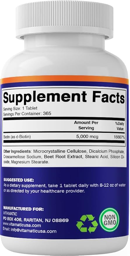 Vitamatic Biotin 5000mcg (5 mg) for Stronger Hair, Skin & Nails - 365 Vegan Tablets- Also Called Vitamin B7