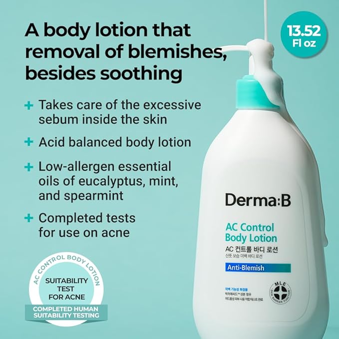 Derma B | AC Control Body Lotion | Moisturizer for Anti-Blemish & Pimples | Water-Oil Control | Hypoallergenic Solution for All Skin Types | Body Cream for Soothing & Refreshing | 13.52 fl oz (400ml)