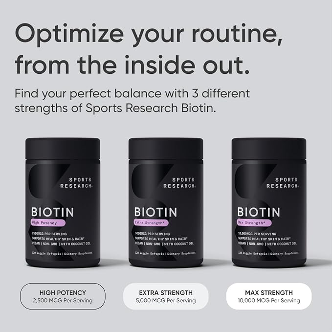 Sports Research Extra Strength Vegan Biotin (Vitamin B) Supplement with Organic Coconut Oil - Supports Keratin for Healthier Hair & Skin - Great for Women & Men - 5,000mcg, 120 Veggie Softgel Capsules