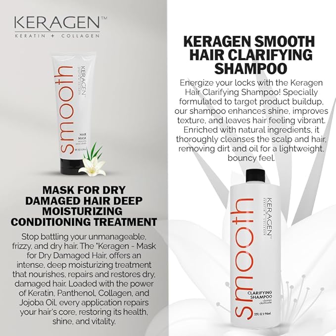 Keragen Hair Combo: Mask (8 Oz) + Clarifying Shampoo (32 oz) - Deep Conditioning, Repairs, Frizz-Free, Infused with Keratin, Panthenol, Collagen, Jojoba Oil