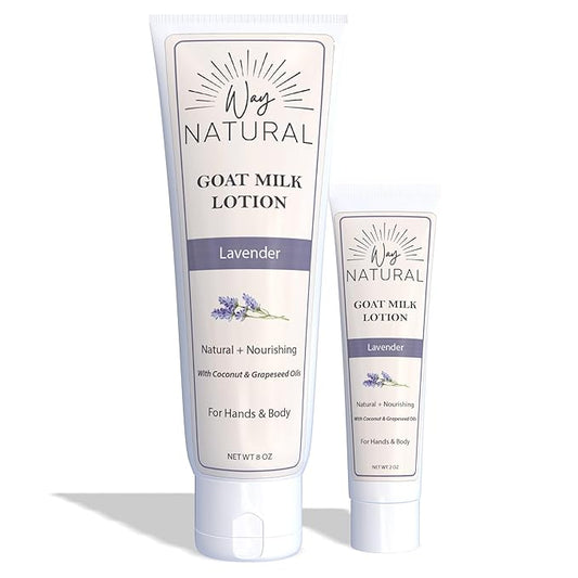 Goat Milk Lotion, Lavender - Home & Away Set, Natural, Body/Hand - Goat Milk Hand Cream for Women and Men - Creamy, Dry Skin Relief - Lavender Lotion - 8oz & 2oz Travel Size Tube