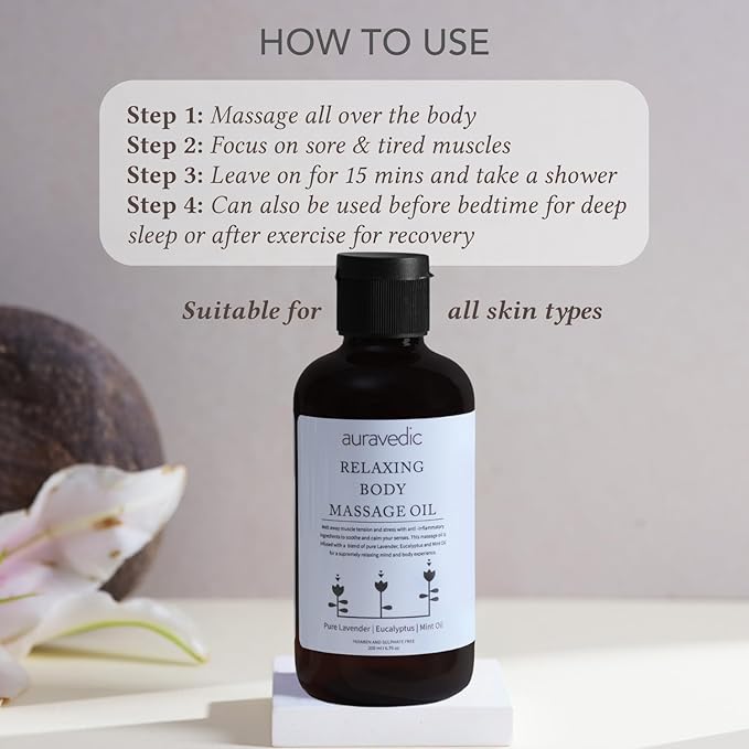 Relaxing Body Massage Oil | Infused with Lavender, Peppermint & Eucalyptus Oil | Soothes Sore Muscles & Nourishes Skin | Lightweight, Non-Sticky & Fast-Absorbing | 6.76 Fl Oz (200ml)