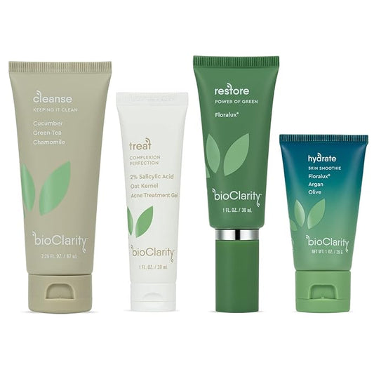 BioClarity 4-Step Clear Skin Routine: Cleanse, Treat, Restore, Hydrate, For Oily or Acne-Prone Skin, Reduces Irritation & Redness, 100% Clean Vegan Ingredients, Travel-Friendly Mini Size