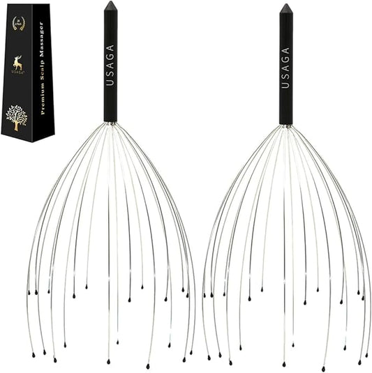 USAGA Head Massager Scalp Massager 20 Fingers Head Scratcher for Scalp Body Relaxing (Black & Black)