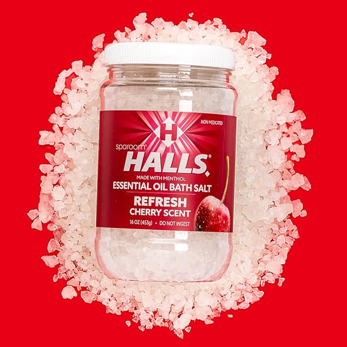 Halls Refresh Menthol with 100% Pure Essential Oils Aromatherapy Bath Salts, 16 oz, Eucalyptus, Menthol and Cherry Scent