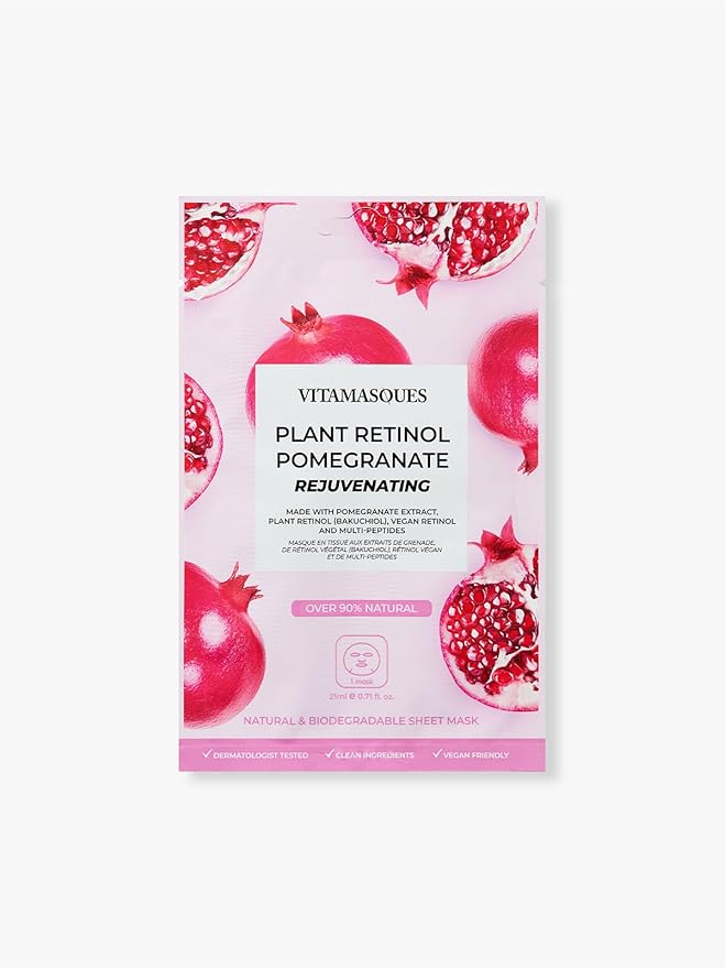Vitamasques Retinol Pomegranate Face Sheet Mask 7 Pack - Korean Skin Care Facial Mask Rejuvenate & Hydrating Skin Care - Natural & Biodegradable