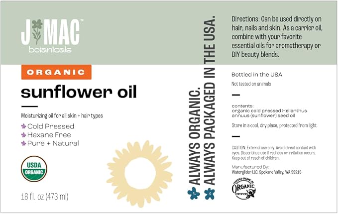 J MAC BOTANICALS Organic Sunflower Oil (16 oz Glass Bottle) USDA Organic Certified 100% Pure Carrier Oil, Moisturizing & Nourishing for Skin, Face, Hair