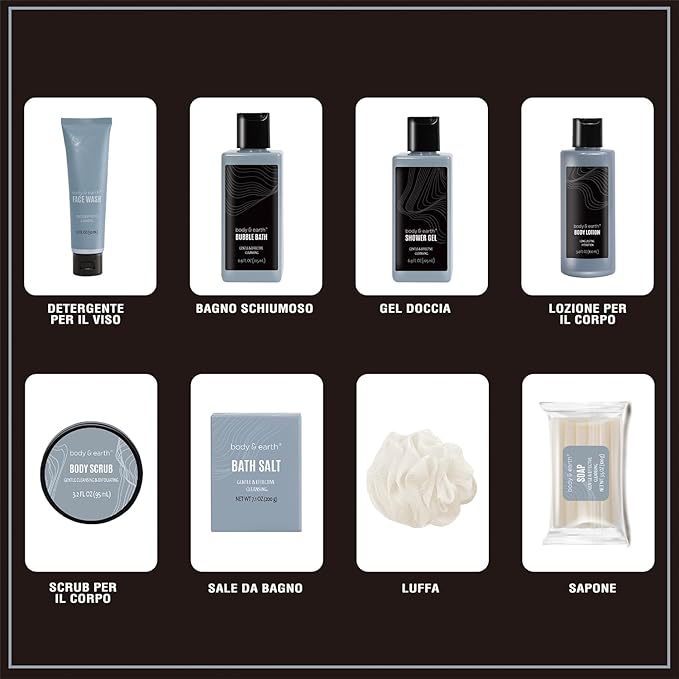 Gift Baskets for Men Bath Set Body & Earth Leathers Mens Body Wash Set with Body Lotion, Face Wash, Shower Gel, Bubble Bath, Loofah, Regalos Para Hombre, Birthday Fathers Day Gifts