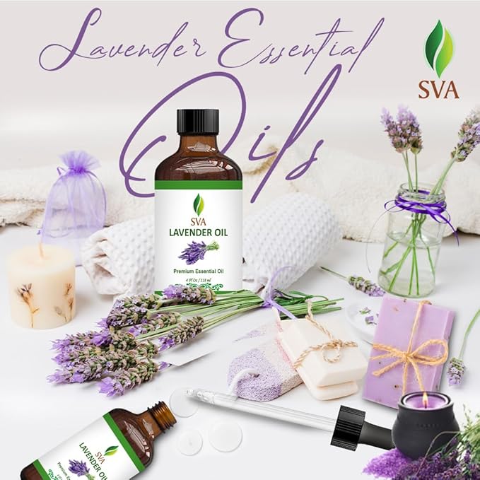 SVA Lavender Essential Oil – 4 Fl Oz – 100% Natural Lavender Oil - for Diffuser, Hair Care, Face, Skin Care, Aromatherapy, Scalp and Body Massage, Soap and Candle Making – with Dropper