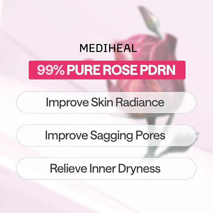 Mediheal Rose PDRN Essential Sheet Mask 4 pcs. 99% Pure White Rose PDRN & Hyaluronic Acid for hydrating, firming, and enhancing moisture barrier, skin firmness, and glow. Vegan formula.