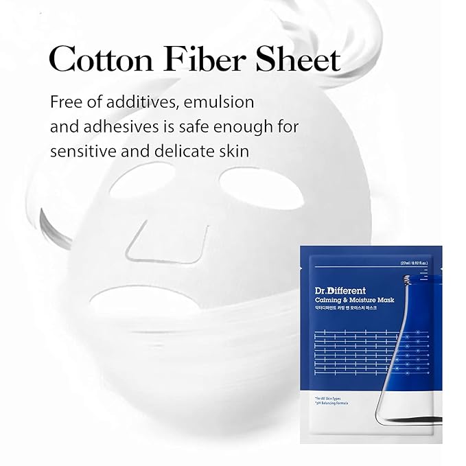 Dr.Different Calming & Moisture Mask 5 Sheets - NMF and Panthenol Hydrating Mask Sheet for Damaged Skin, 100% Cotton Sheet, Soothing for Sensitive Skin