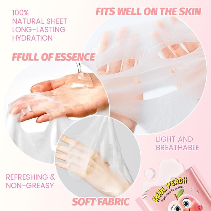 8 Pack Peach Fruit Face Masks for Kids,Hydrating Spa Face Mask For Sensitive Skin,Moisturize,Soothing,Nourish for All Skin Types,Natural Spa Face Mask for Women Men Girls