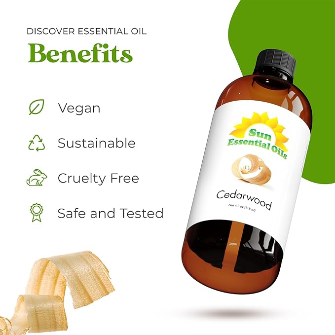 Sun Essential Oils - Cedarwood 4oz Bottle for Humidifier, Diffuser, Soaps, Candles, Hair and Skin Care