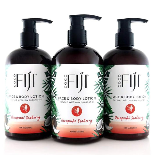 Coco Fiji Face & Body Lotion Infused With Coconut Oil | Lotion for Dry Skin | Moisturizer Face Cream & Massage Lotion for Women & Men | Awapuhi Seaberry 12 oz, Pack of 3