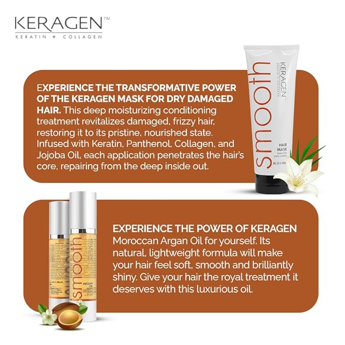 KERAGEN Hair Care Duo: Mask for Dry Damaged Hair (8 Oz) + Moroccan Argan Oil (1.7 Oz) - Deep Conditioning, Frizz-Free, Anti-Frizz Serum, Brilliant Shine, Hydrates, Seals Cuticles