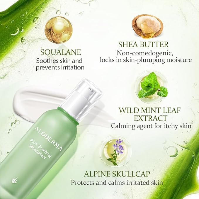 Aloderma Soothing Face Moisturizer with 77% Organic Aloe Vera - Natural Moisturizer for Face for Sensitive & Combination Skin, Nurturing Aloe Face Moisturizer with Squalane, Botanical Extracts, 3.5oz