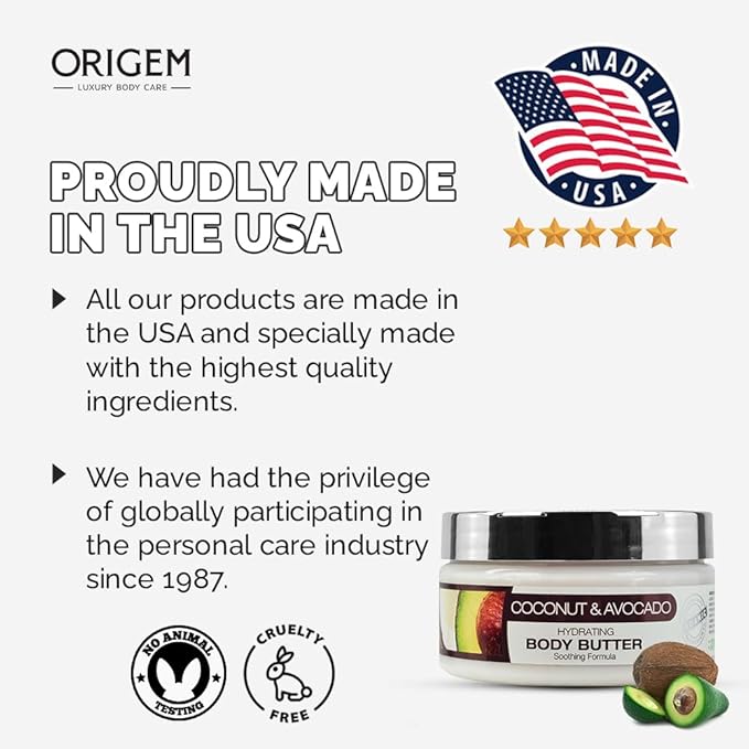 ORIGEM Body Butter for Dry Skin – Deep Hydration & Skin Repair – Coconut, Avocado, Shea & Argan Oil – Vitamin E Moisturizer for Women – Non-Greasy Body Cream – 8 Oz