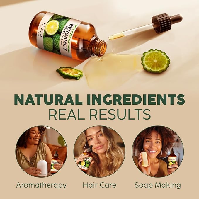 Kukka Bergamot Essential Oil for Diffuser and Skin - 4 Fl Oz - 100% Pure Natural Bergamot Oil for Aromatherapy, Hair Shampoo ,Bath Bomb & Soap Making Scent DIY