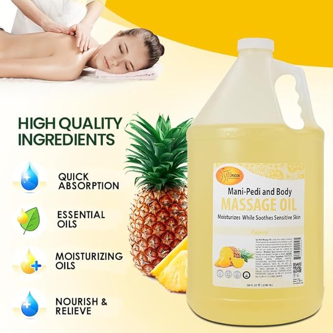 SPA REDI - Massage Oil, Pineapple, 128 Oz - Professional Pedicure, Manicure, Full Body Massage Therapy, Made with Almond Oil, Cotton Seed Oil, Sunflower Oil, Avocado Oil, Essential Oils, Vitamin E