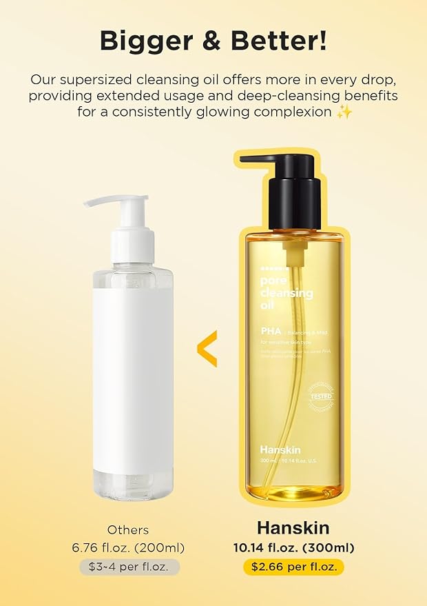 Hanskin Pore Cleansing Oil, Oil Cleanser for Face, Makeup Blackhead Remover, Korean Cleanser for Sensitive Skin [PHA] (10.14 oz)