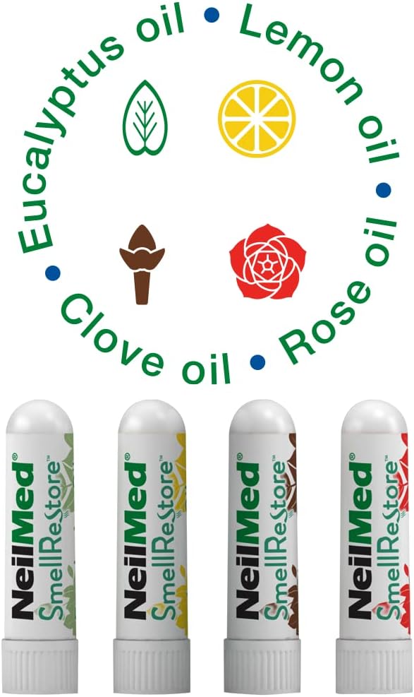 NeilMed Smell Restore - All Natural Smell Training Kit with 4 Separate Essential Oil Inhalers. Eucalyptus, Rose, Lemon and Clove