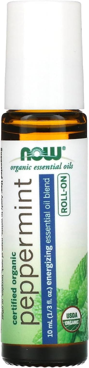 NOW Foods Essential Oils, Peppermint Roll-On, Certified Organic, Energizing Blend, Steam Distilled, Topical Aromatherapy, 10-mL