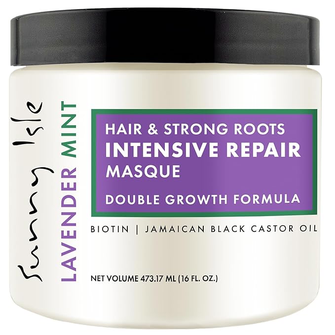 Sunny Isle Lavender Mint Hair and Strong Roots Intensive Repair Masque 16oz | Double Growth Formula | Biotin and Jamaican Black Castor Oil