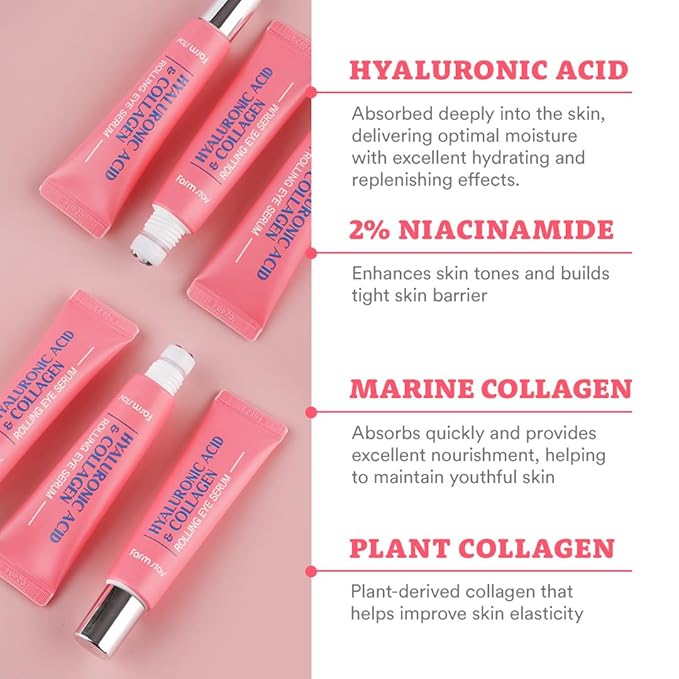 Farmstay Hyaluronic Acid Roll-on Eye Serum with 2% Niacinamide & Collagen – Hydrating Korean Eye Roller for Dark Circles, Puffy Eyes & Wrinkles – 0.84 fl. oz.