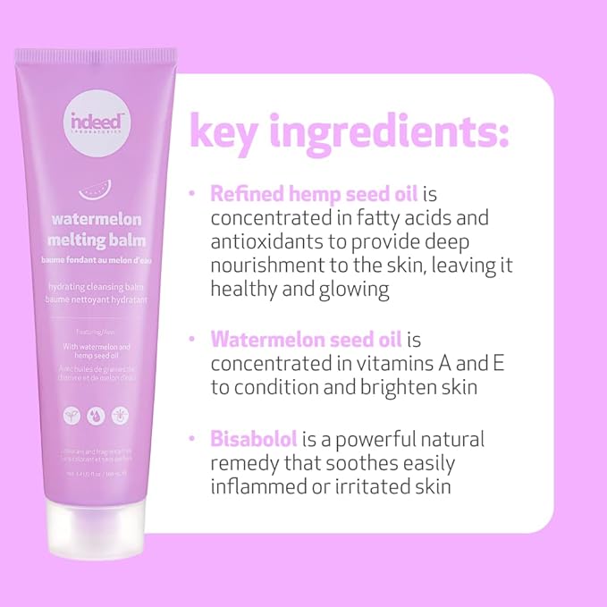 Indeed Laboratories Watermelon Melting Balm: 3.4 fl.oz. / 100ml, Hydrating Cleansing Balm removes makeup and dirt For Bright Glowy Skin, formulated with Watermelon Seed Oil.