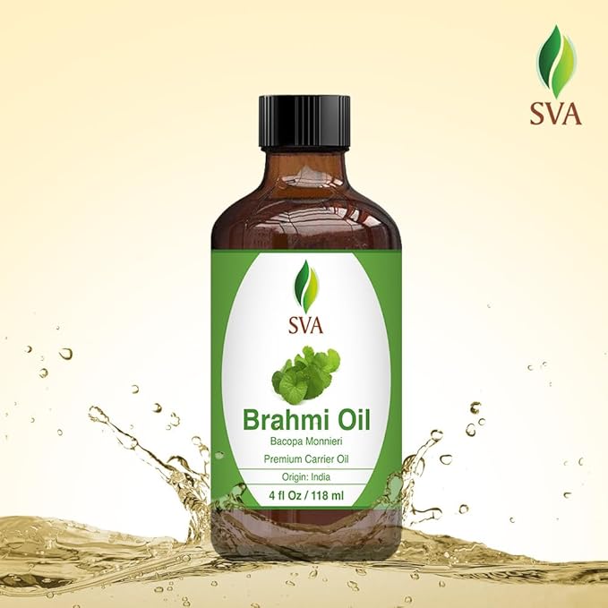 SVA Brahmi Oil - 4 Fl Oz – 100% Natural Cold Pressed Brahmi Oil - for Face, Skin Care, Hair Care, Scalp Massage & Body Massage – Carrier Oil with Dropper