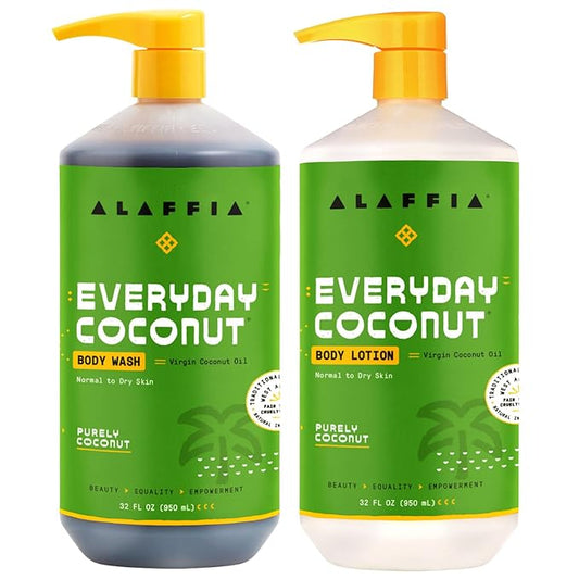 Alaffia Coconut & Coffee Berry Purely Coconut Value Set: Body Wash & Body Lotion, 32 Fl Oz each