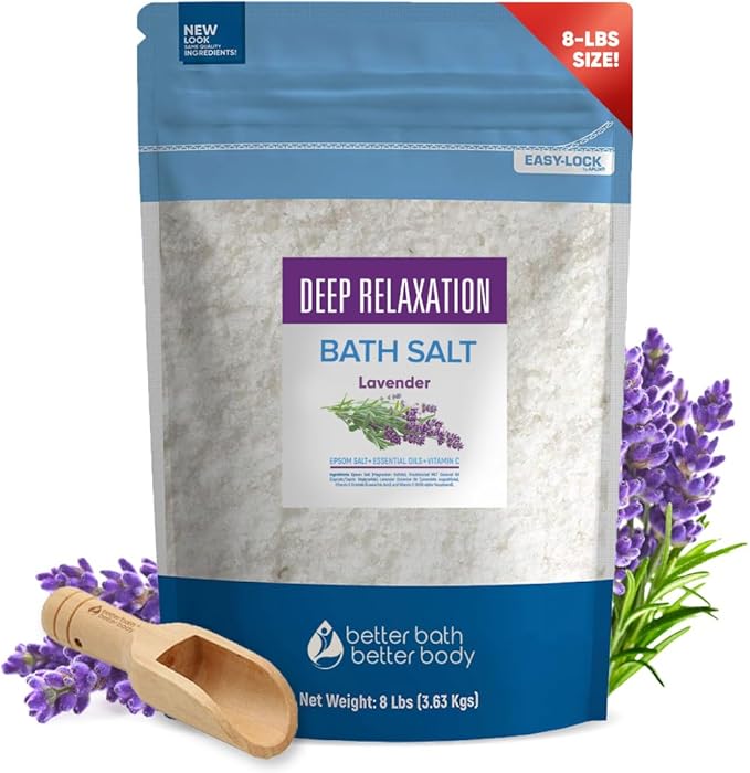 Deep Relaxation Bath Salt 128 Ounces Epsom Salt with Natural Lavender Essential Oil Plus Vitamin C in BPA Free Pouch