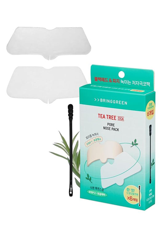 BRING GREEN Tea Tree Cica Pore Strip (3-Pack) with 6 Compressed Cotton Swabs | Deep Pore Cleansing & Blackhead Removal | Non-Comedogenic, Vegan Nose Strips for Oily & Sensitive Skin