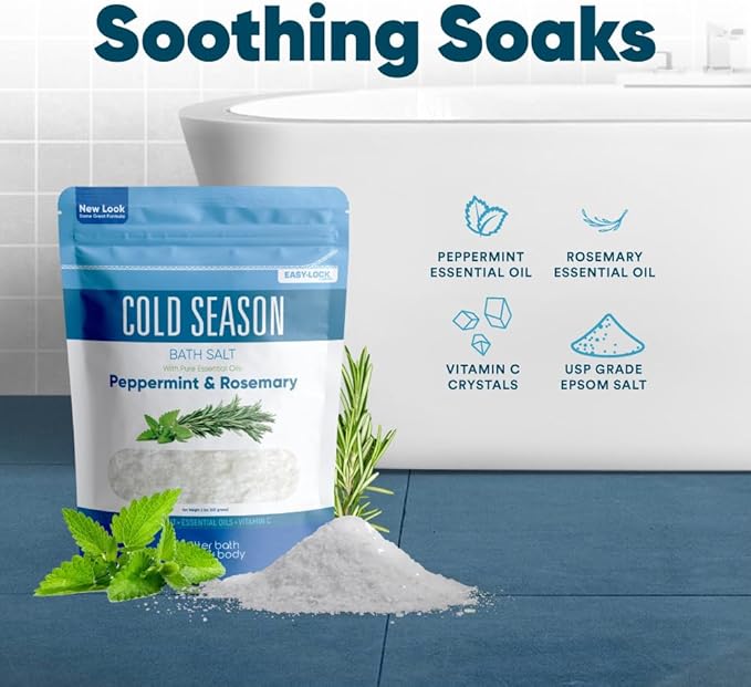 Cold Season Bath Salt 32 Ounces (2 Lbs) USP Grade Epsom Salt with Natural Rosemary and Peppermint Pure Essential Oils Plus Vitamin C in BPA Free Pouch with Easy Press Lock Seal Made in USA