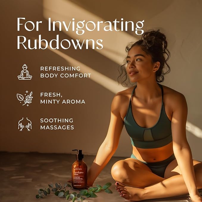Gya Labs Eucalyptus Mint Massage Oils - 6.76 Fl Oz - 100% Pure Natural Refreshing Aromatherapy Body Massage Oil for Sore Muscles - with Jojoba, Argan, Sunflower, Almond, Vitamin E & Eucalyptus
