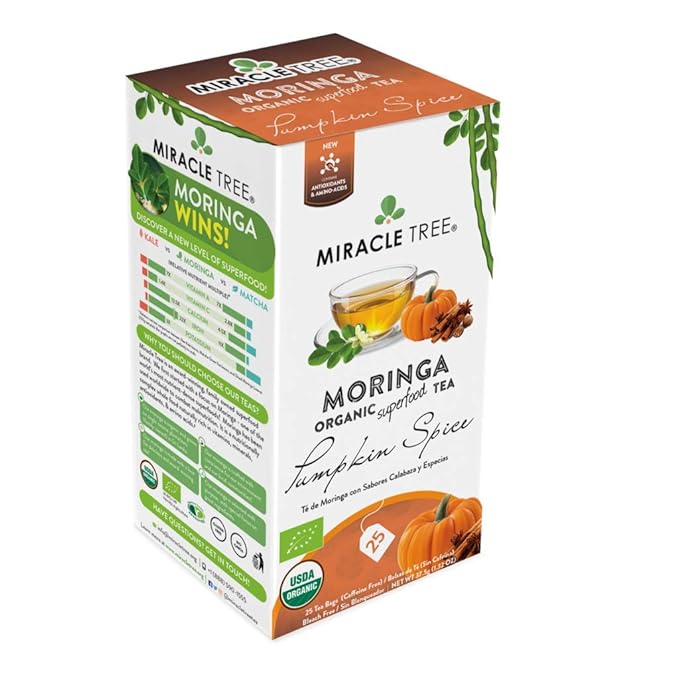 Miracle Tree - Organic Moringa Superfood Tea, 25 Individually Sealed Tea Bags, Pumpkin Spice (Keto/Paleo, Immune Support, Energy & Immunity Booster, Vegan, Gluten-Free, Certified Organic, Non-GMO, Antioxidant, Caffeine-Free)