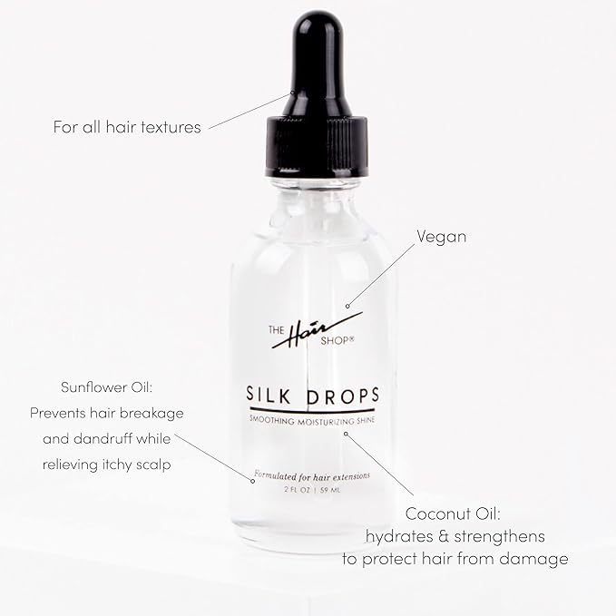 The Hair Shop Silk Drops, Coconut & Sunflower Oil Infused Serum for Protecting 100% Remy Human Hair Extensions and Wigs (2 fl oz)