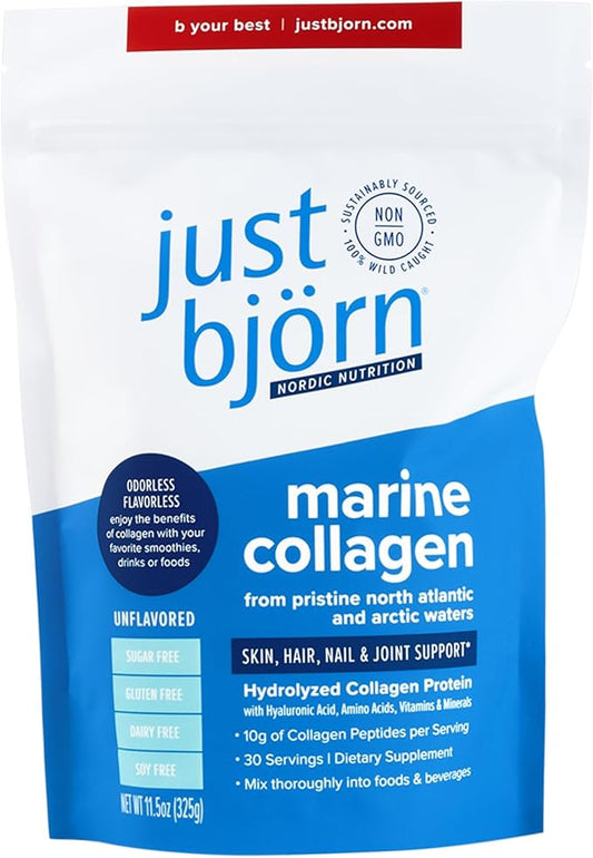 Just Bjorn Marine Collagen Peptides Powder for Women & Men - Skin, Hair, Nail and Joint Support - Hyaluronic Acid, Vitamin C, Amino Acids - Unflavored (30 Servings / 11.5 Ounce)