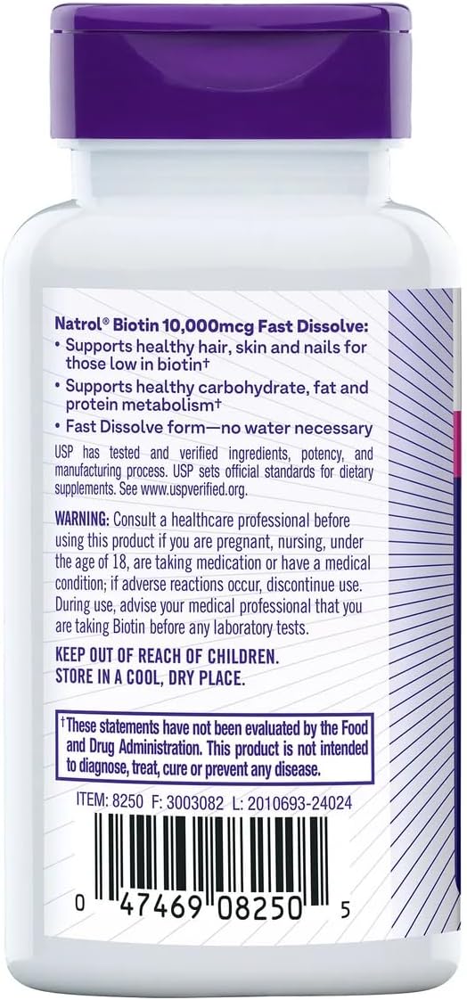 Natrol Biotin 10000 mcg, Strawberry Flavor, Fast Dissolve Tablets, Extra Strength, 250 Count