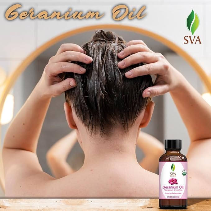 SVA Geranium Essential Oil Organic – 1 Fl Oz – 100% Natural Organic Geranium Oil - for Diffuser, Hair Care, Face, Skin Care, Aromatherapy, Scalp and Body Massage, Soap and Candle making – with Dropper