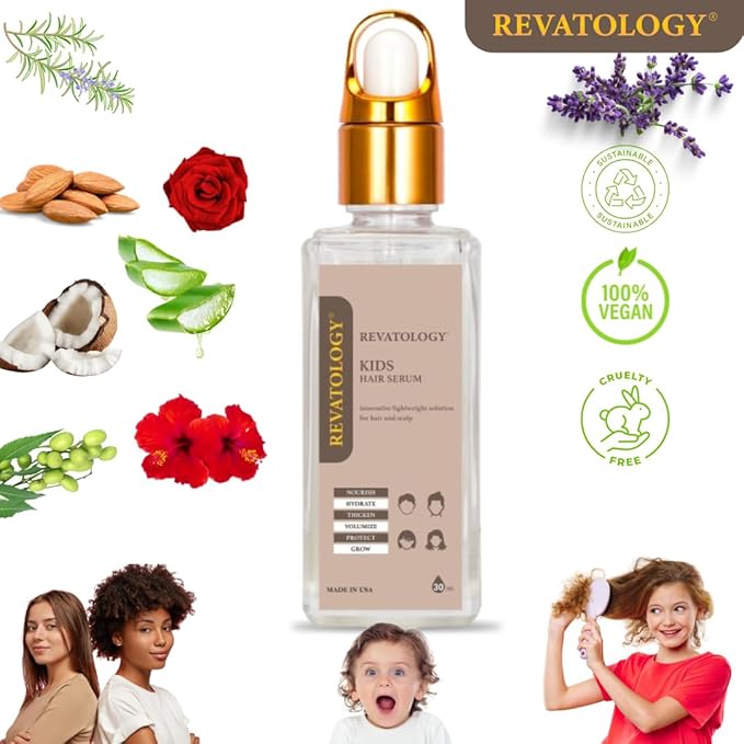 REVATOLOGY Kids Hair Serum (Made in USA) for Hair Thickness, Strength, Growth and Scalp Revitalization for straight, curly, waivy, coiled hair in toddlers, children, adults - chemical & cruelty free
