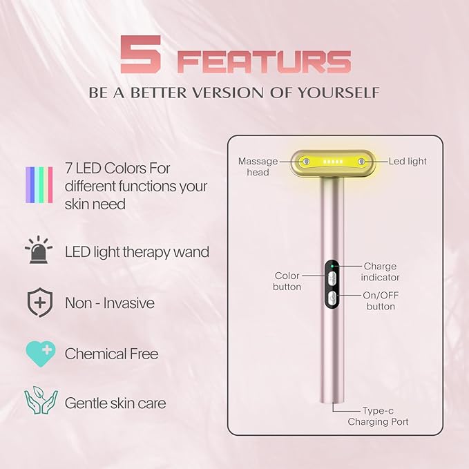 Red-Light-Therapy-Wand, 7 Colors LED Facial Light Therapy Wand for Face and Neck Rejuvenation, Face Massager Eye Beauty Tool at Home