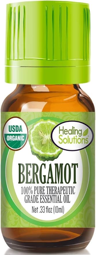 Healing Solutions Bergamot Essential Oil, 0.33 oz (10ml), Organic, Undiluted, Pure Oil for Skin & Diffuser