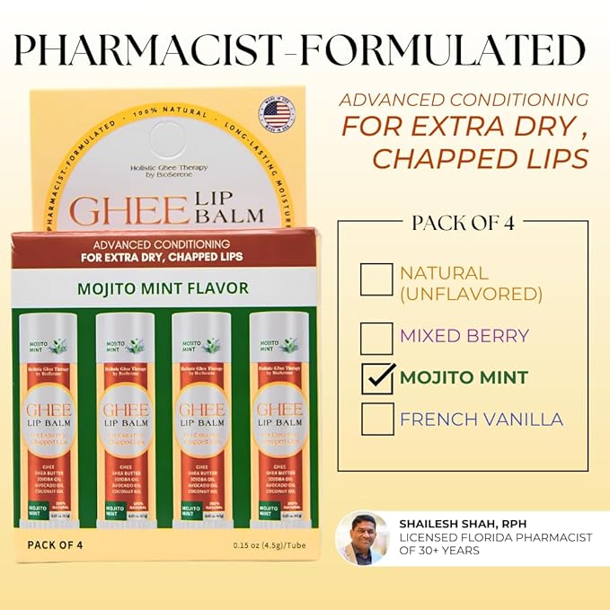 All Natural Lip Balm For Very Dry Lips | Hydrating & Moisturizing Lip Balm with Shea Butter, Ghee, Jojoba Oil, Coconut Oil | Chapped Lips & After Sun Care | BioSerene (4.5 gms/tube, Mojito Mint)