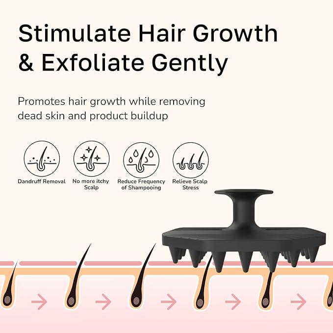 Silicone Scalp Scrubber - Massage Shampoo Brush, Soft Bristles for Hair Growth & Dandruff Removal - Ergonomic Design, Wet & Dry Use, Deep Cleansing Scalp Exfoliator for All Hair Types - Black