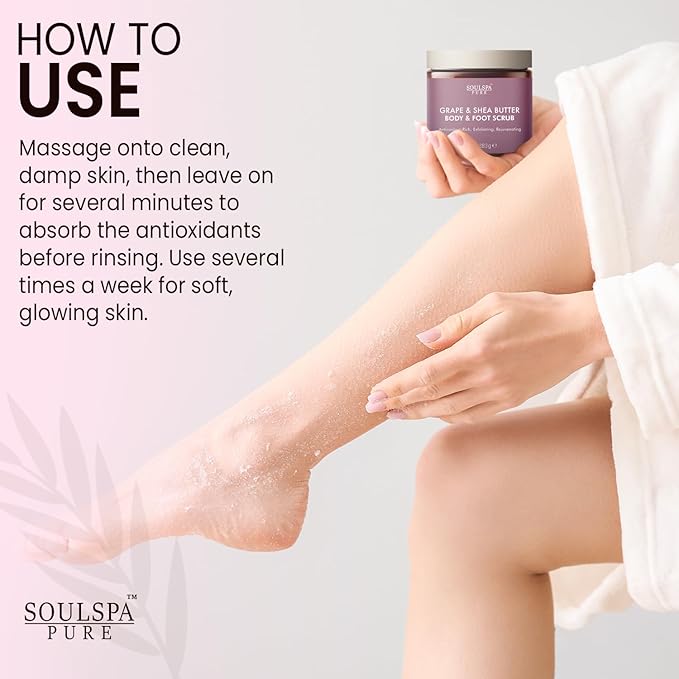 Grape & Shea Butter Body & Foot Scrub - Rejuvenating & Antioxidant Rich Exfoliating Body Scrub for Glowing Skin, 10 oz