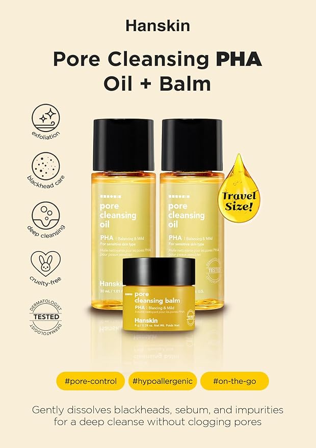 Hanskin PHA Pore Cleansing Oil and Cleansing Balm, Sample Trial Size, Travel Size Mini Makeup Remover Set, Gentle Blackhead Cleanser for Sensitive Skin [30 ml/Pack of 2] + [8g/Balm]